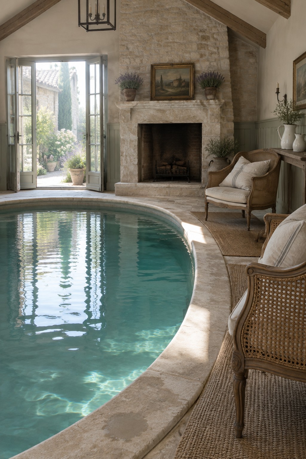 18 Timeless Traditional Indoor Pool Rooms With Classic Architectural Details An indoor pool room with a curved pool edge, a large stone fireplace, and open French doors leading to a garden.
