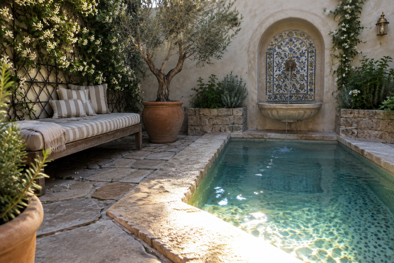 Rectangular turquoise pool with arched blue-tiled fountain, terracotta urn, and striped bench on stone patio