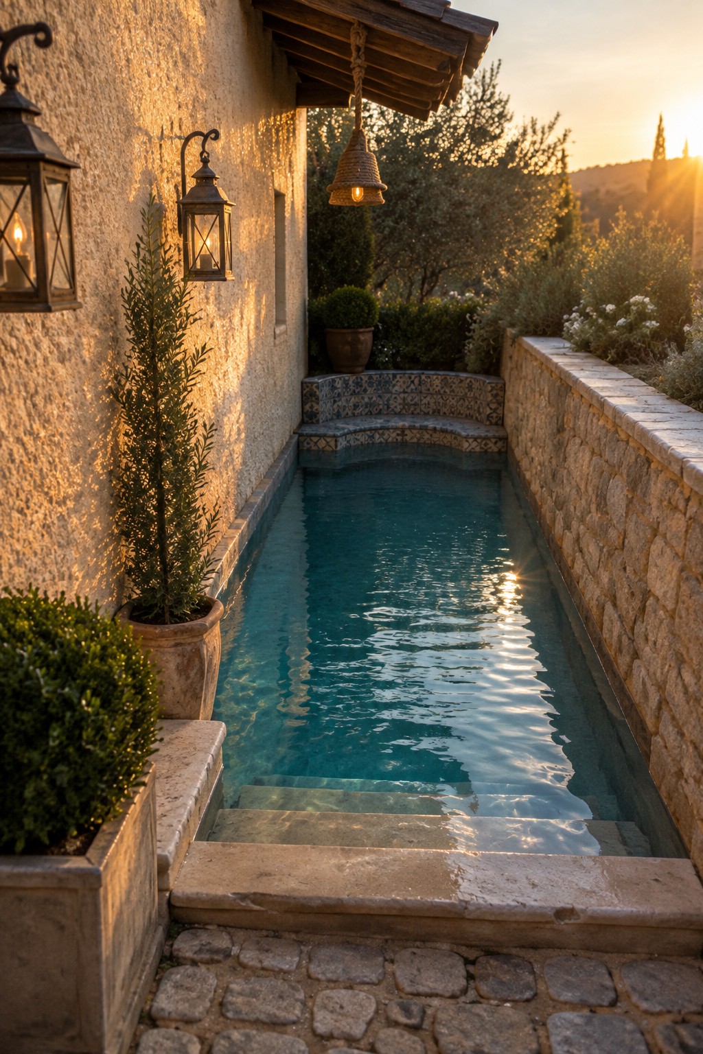 A narrow rectangular plunge pool with turquoise water, stone walls and coping on both sides, stone steps at the foreground end, wall lanterns on the stucco building, and potted plants along the edge.