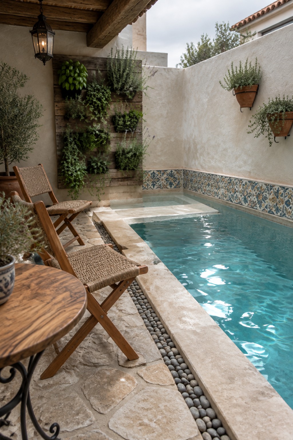 A plunge pool with light stone coping and a narrow border of smooth gray pebbles runs alongside a stone patio with wooden folding chairs and a round wooden table.