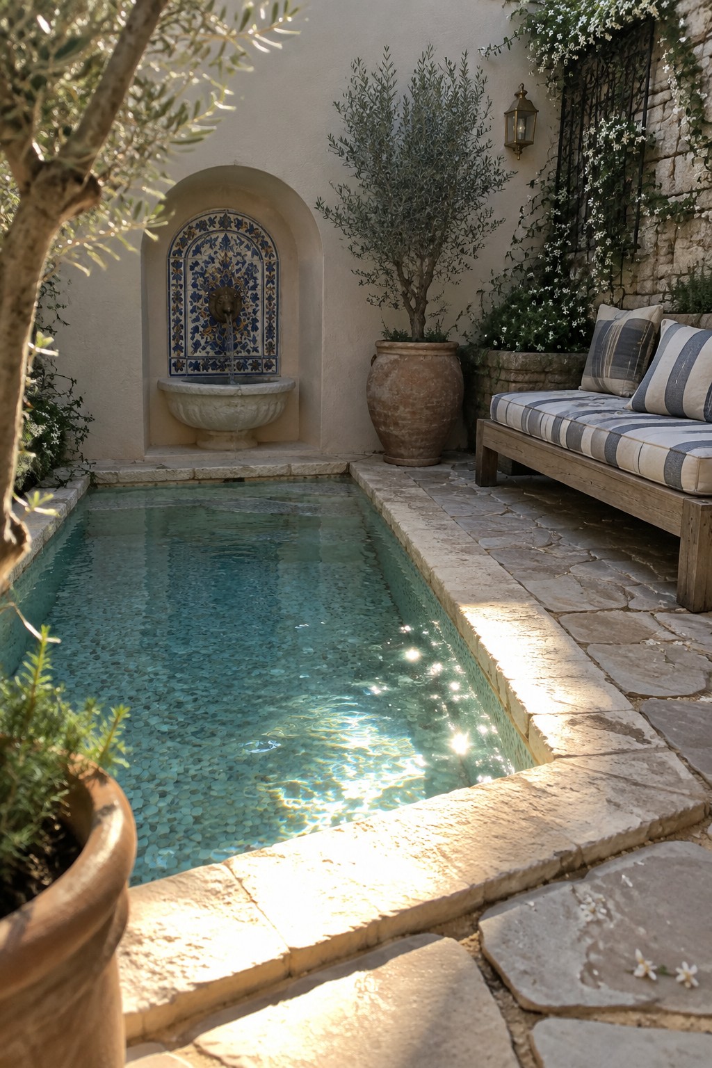 Rectangular turquoise pool with arched blue-tiled fountain, terracotta urn, and striped bench on stone patio