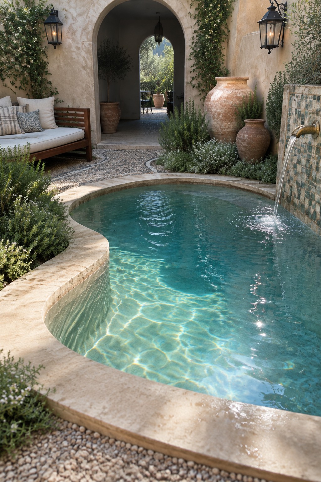 Curved turquoise plunge pool with cascading water in Mediterranean stone courtyard with arches.
