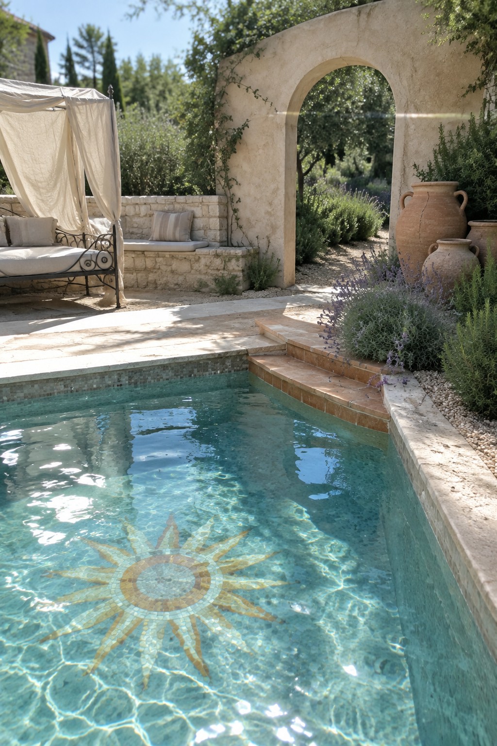 A rectangular plunge pool with a sun mosaic at the bottom, surrounded by light stone coping, steps, a canopy daybed, terracotta pots, and an arched stone wall in a sunny garden.