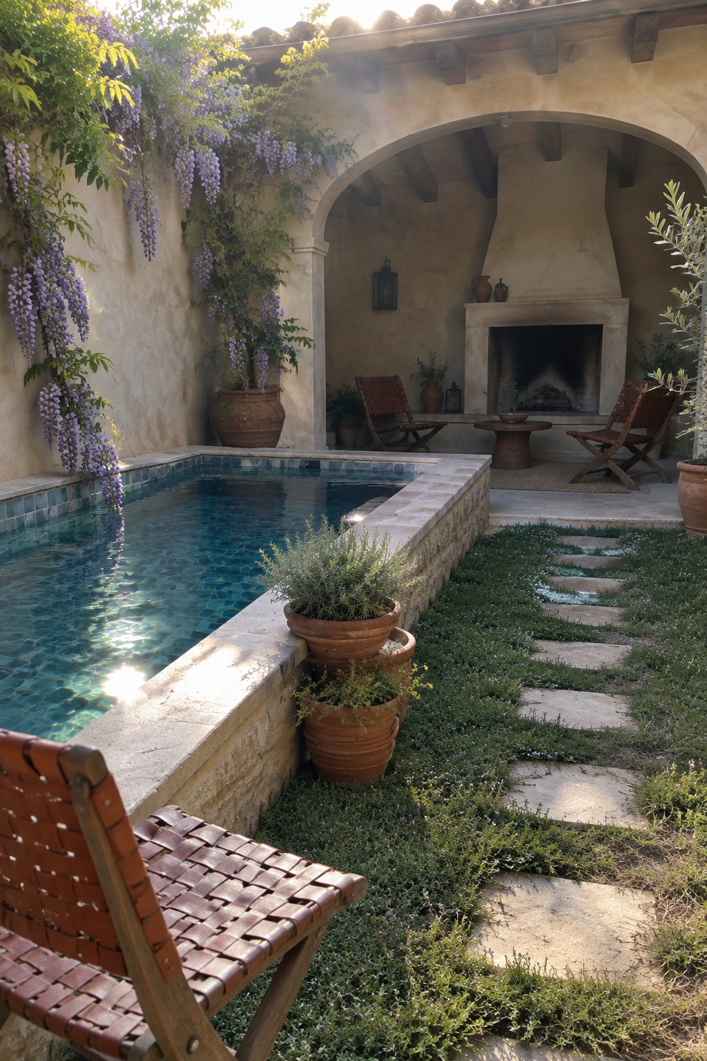 Courtyard pool with purple wisteria, terracotta pots, wooden chairs, and stone fireplace.