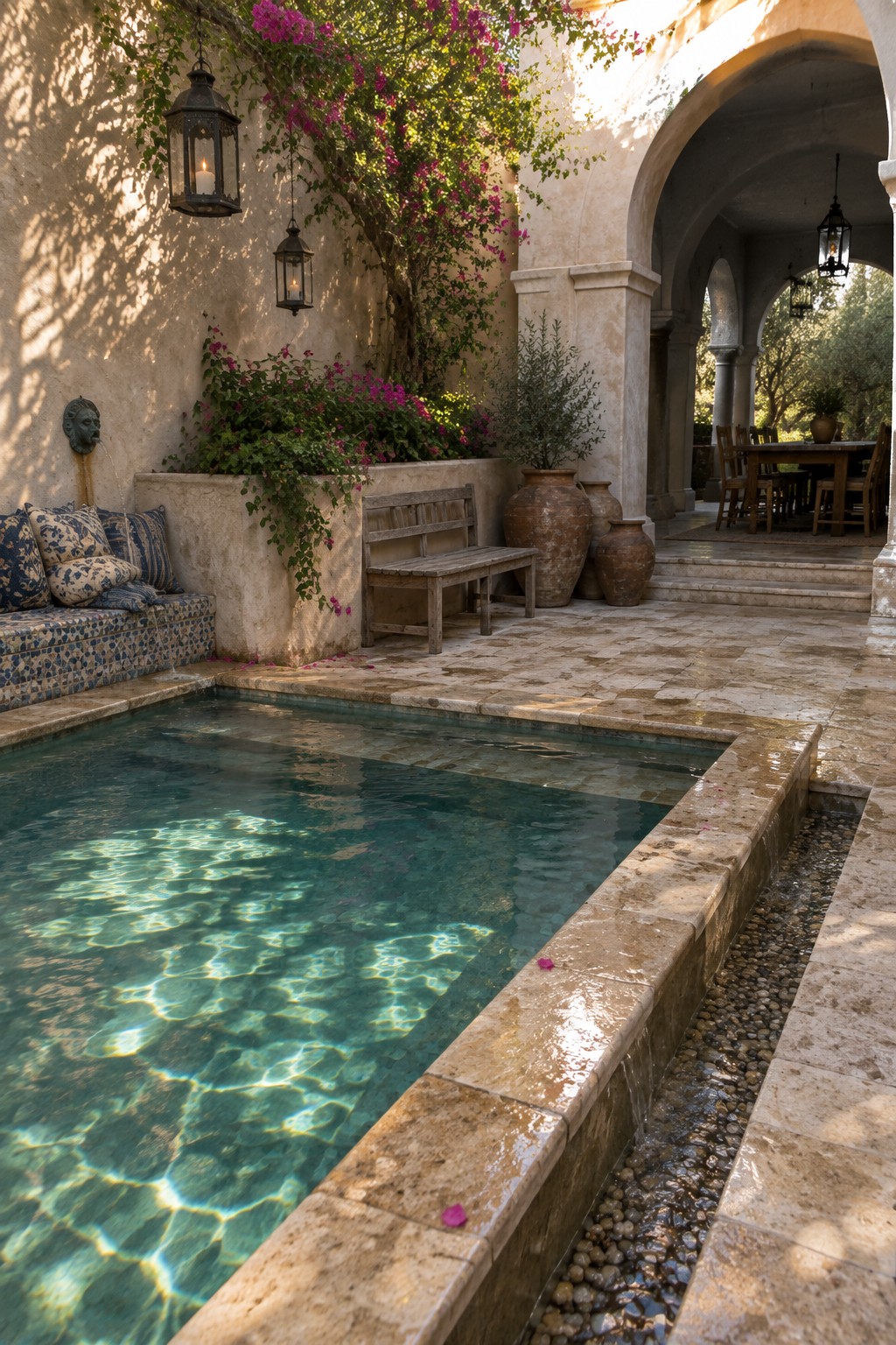 A rectangular plunge pool with beige stone coping has a narrow pebble-filled channel along one long edge, set against arched stucco walls and flowering plants.