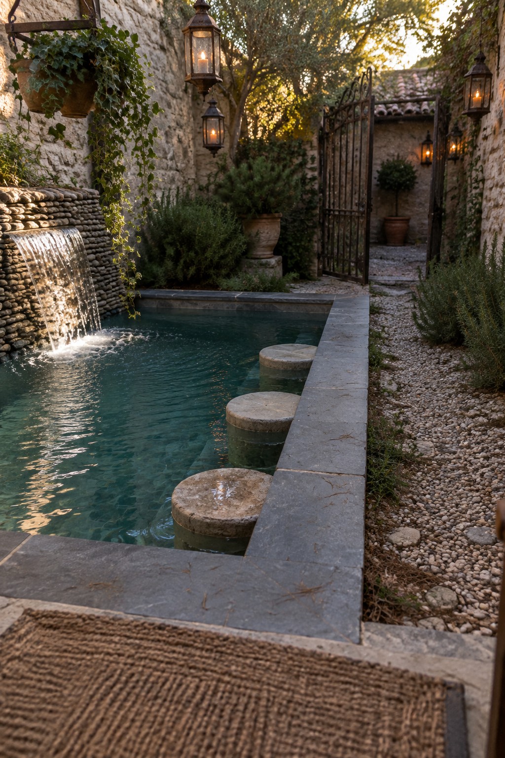 A rectangular plunge pool edged with dark stone coping, three round stepping stones in the water, a stone waterfall on the left, and a gravel path with lanterns on the right.