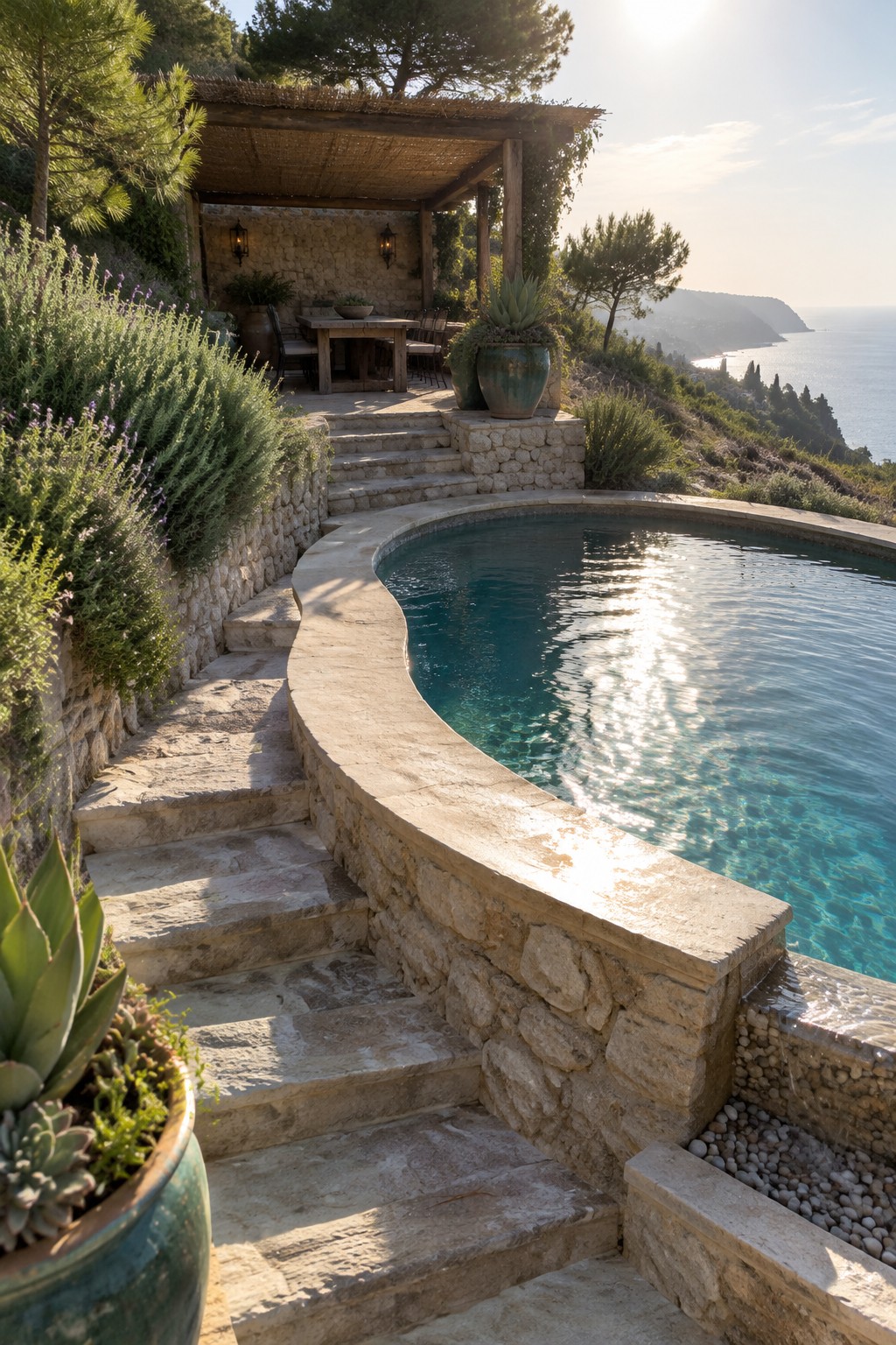 A curved plunge pool with thick stone coping sits next to stone steps and walls, with a pergola dining area above and the sea visible in the background.