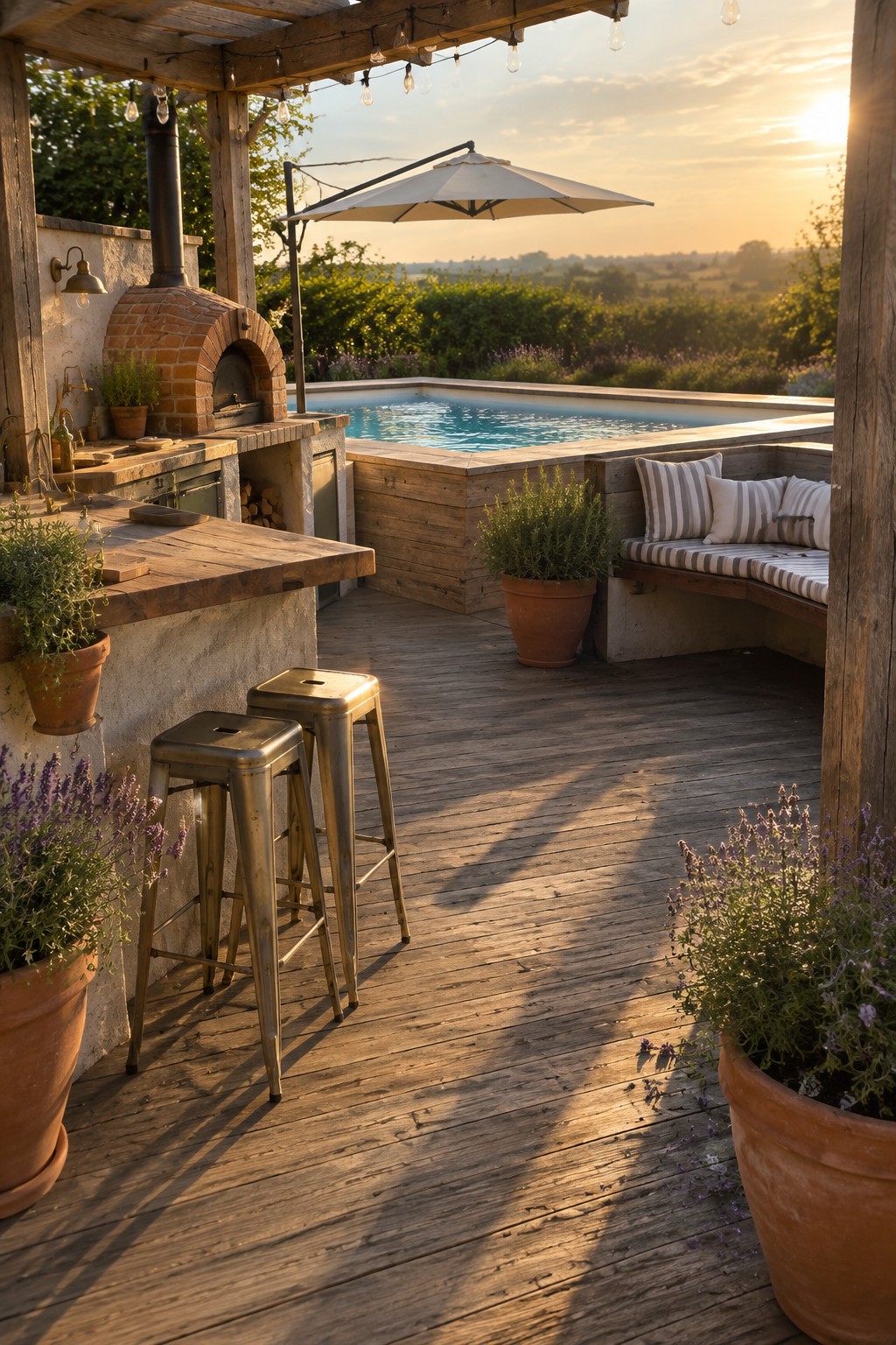 A wooden deck with an above-ground pool, outdoor kitchen with brick oven and bar counter, metal stools, built-in bench seating, and potted plants under a pergola at sunset.