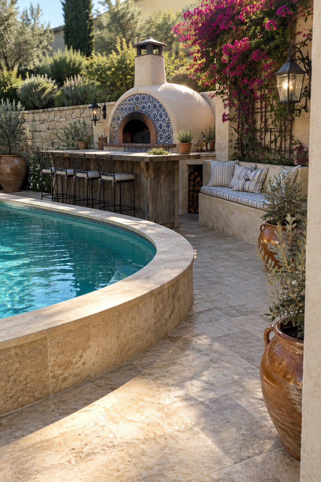 A curved pool with stone coping beside a wooden bar counter with black metal stools and a domed pizza oven with blue tile on a stone patio.