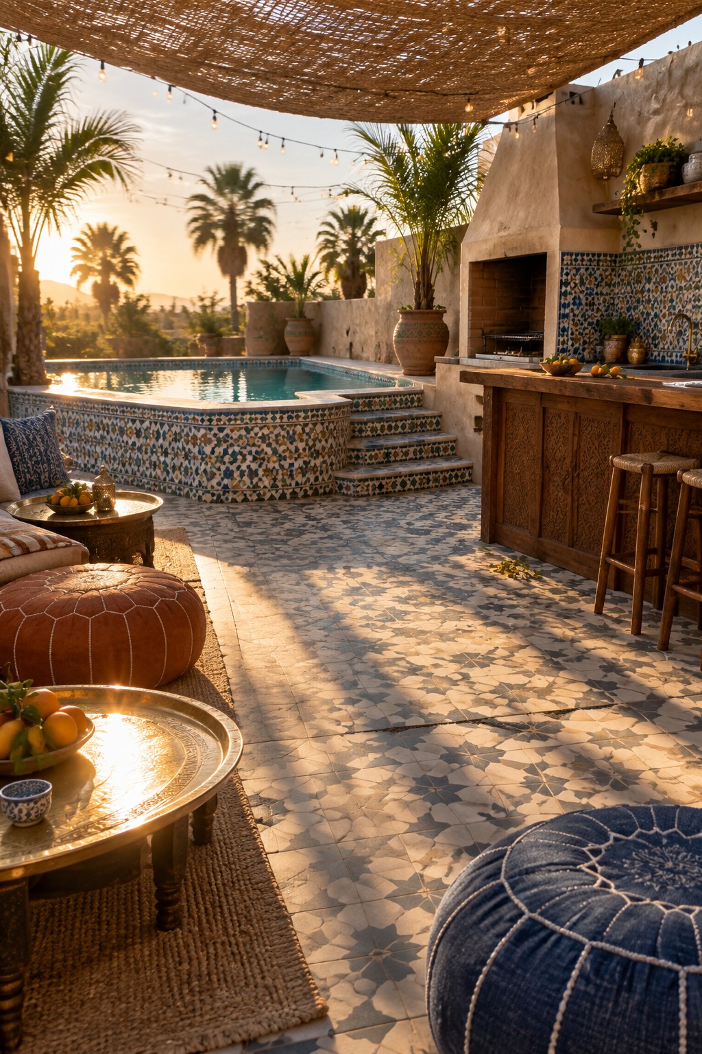 Bohemian patio at sunset with mosaic pool, wooden kitchen, poufs, and palms.