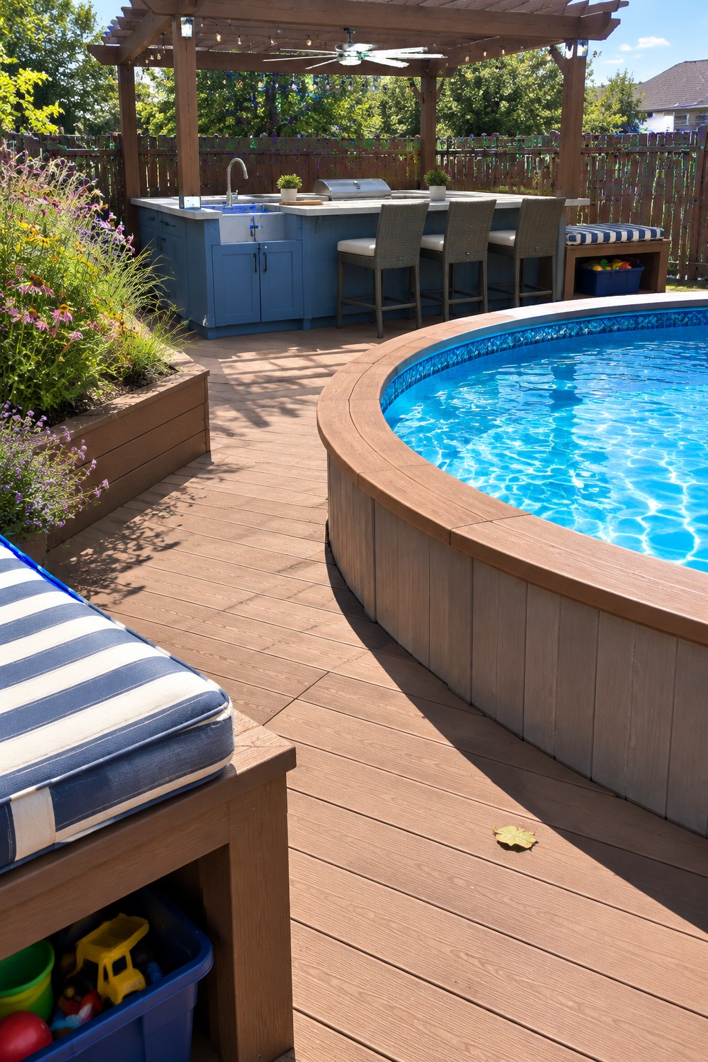 A wooden deck wraps around a round above-ground pool next to a blue outdoor kitchen island with bar stools and a pergola overhead.