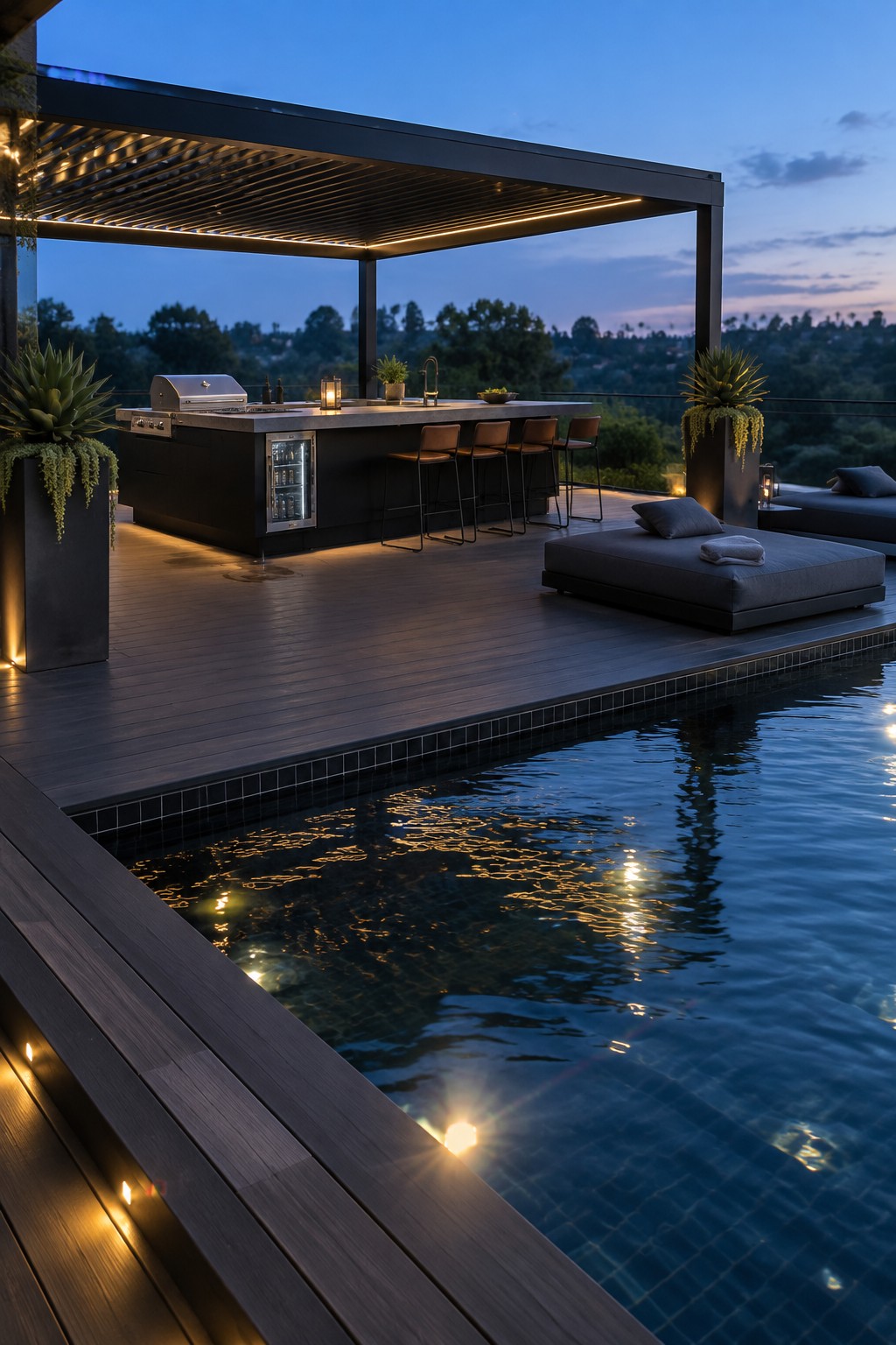 An outdoor kitchen island with four bar stools on a dark wood deck next to a swimming pool, lit by linear lights under a flat overhead structure at dusk.