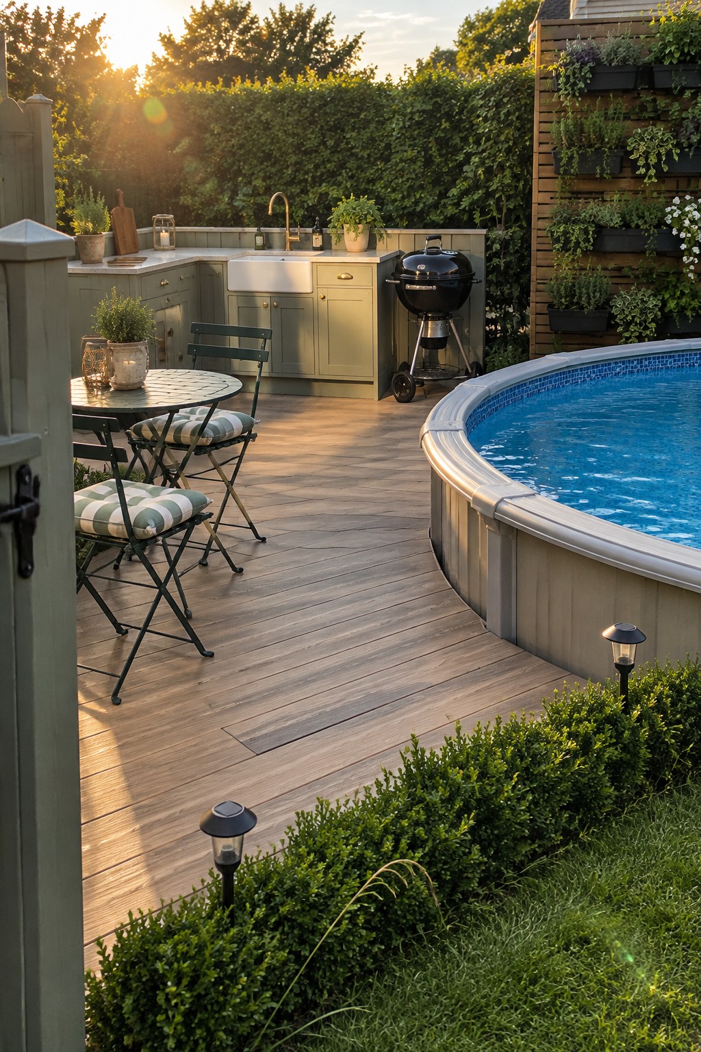 A wooden deck wraps around an above-ground pool with an L-shaped outdoor kitchen that includes cabinets, a sink, and a black grill, plus a small round table with folding chairs.