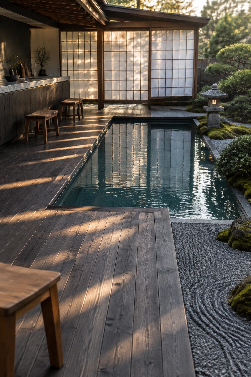 A rectangular pool set into dark wooden decking beside a stone outdoor kitchen counter with two wooden stools, shoji screens along the back wall, and a raked gravel garden with a stone lantern to the right.