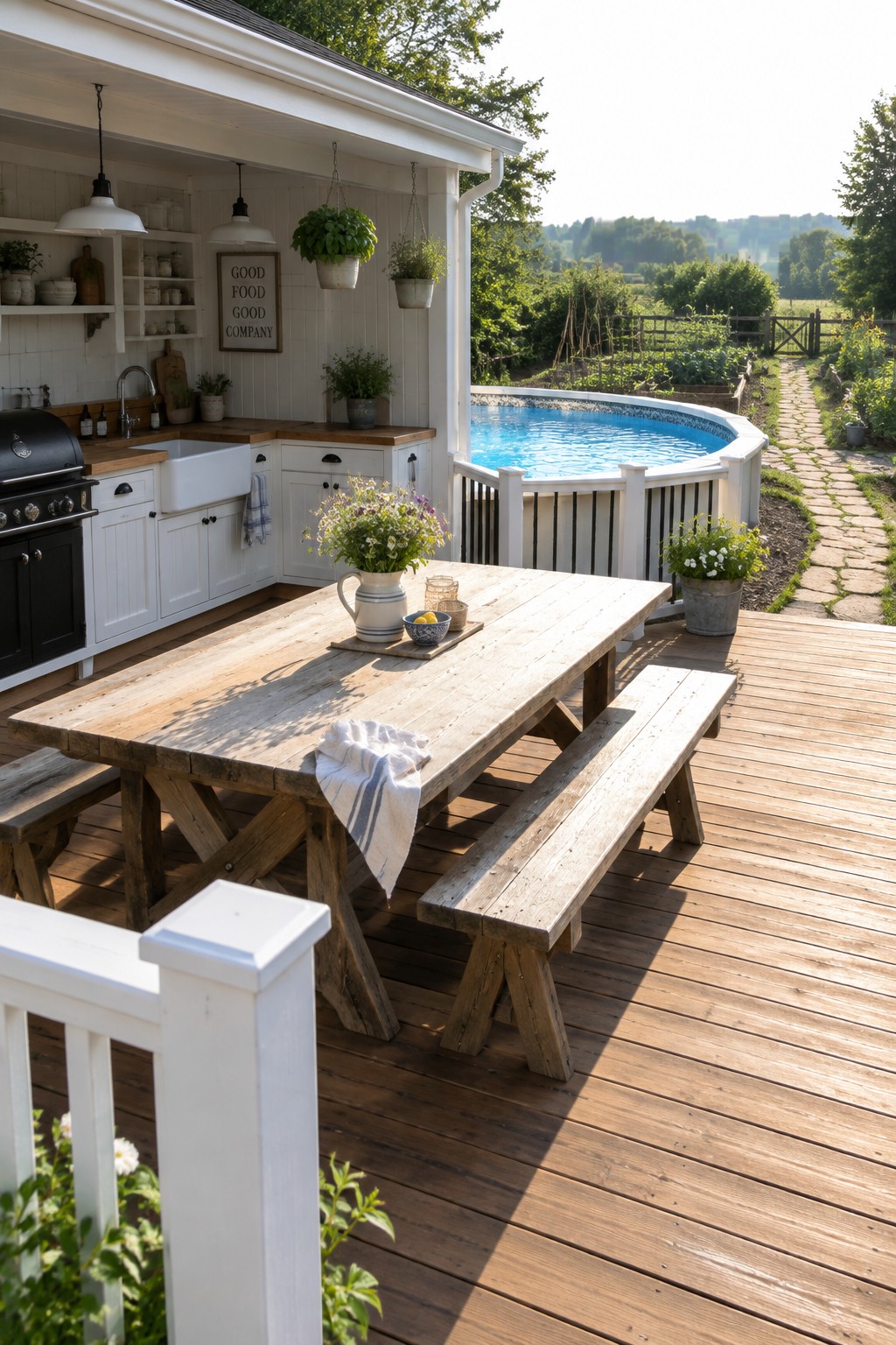A wooden deck with an outdoor kitchen featuring white cabinets and a black grill, a long rustic dining table with benches, and an above-ground pool visible behind a white railing.