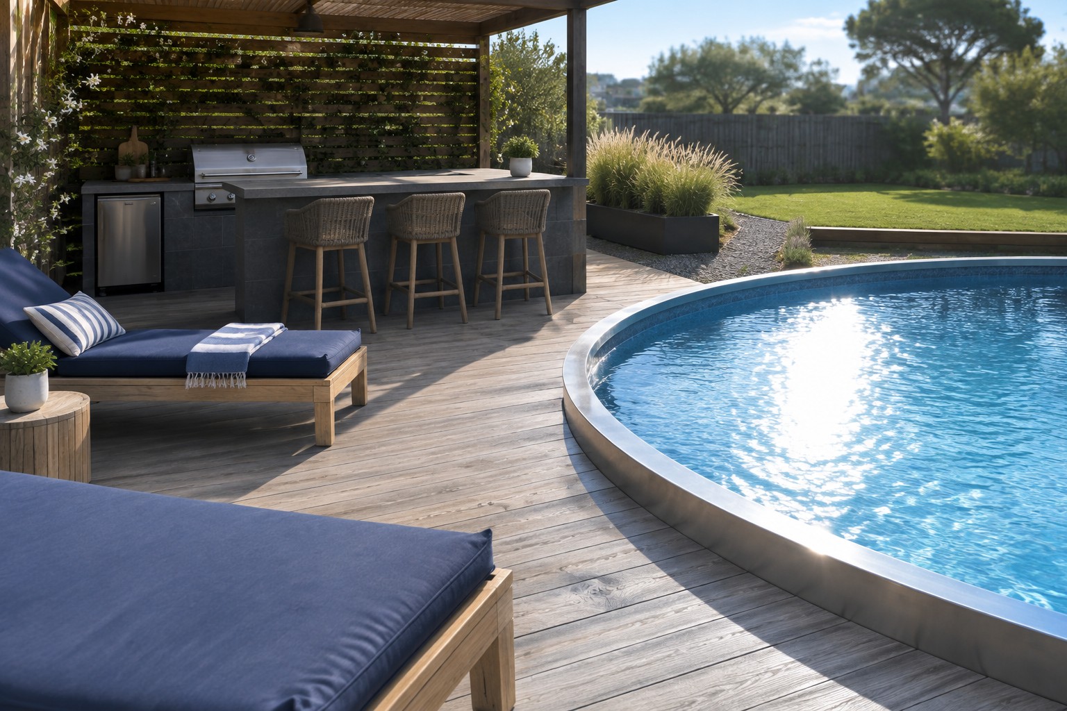Wooden deck with curved above-ground pool, outdoor kitchen island with three bar stools, and two navy lounge chairs under bright daylight.