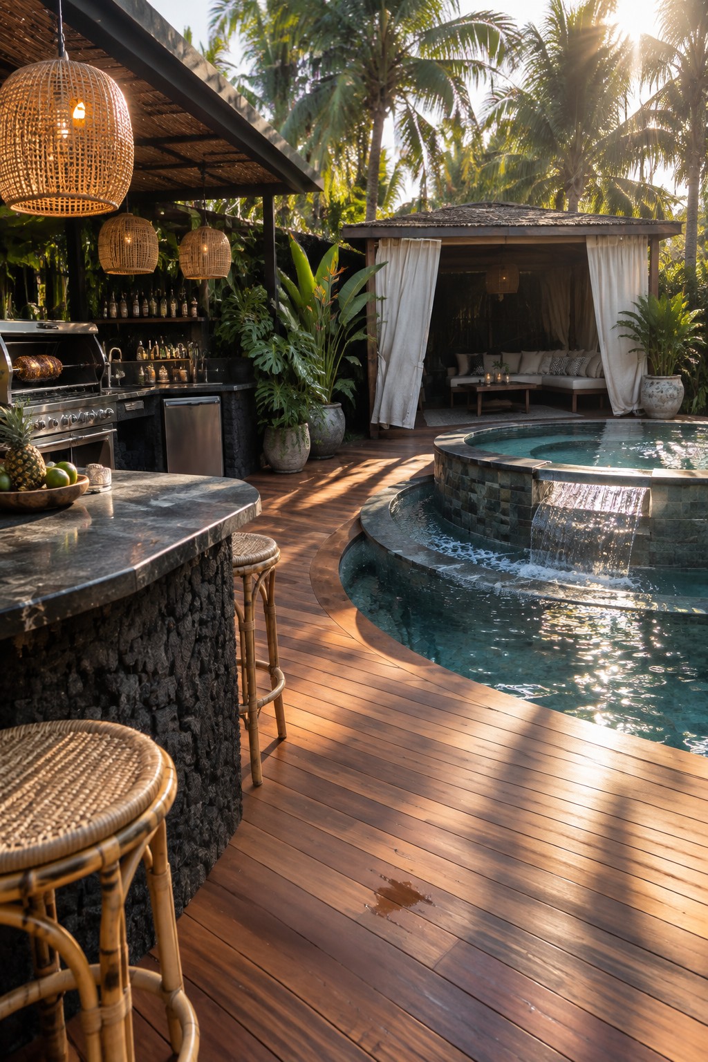 A wooden deck with an outdoor kitchen bar featuring a dark stone countertop and woven stools positioned next to a curved pool with a waterfall feature, surrounded by tropical plants and a thatched cabana.
