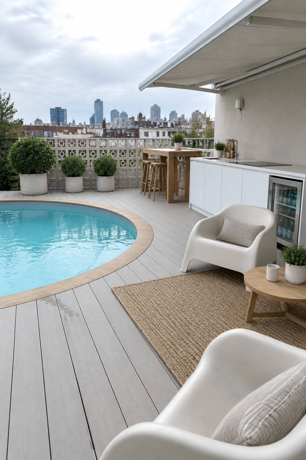 Rooftop deck with a curved pool on the left and a white outdoor kitchen with bar stools on the right, surrounded by lounge seating and city views.