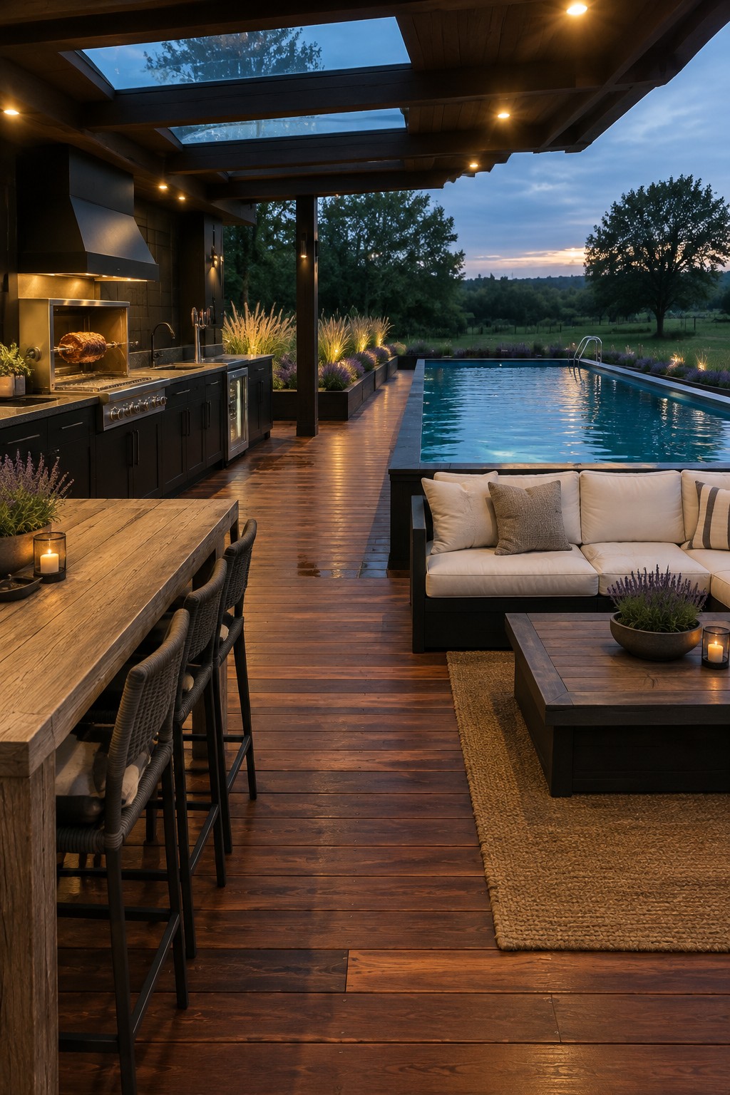 An outdoor wooden deck at dusk with a full outdoor kitchen on the left, a rectangular pool on the right, and a sofa seating area in the middle under a covered roof.