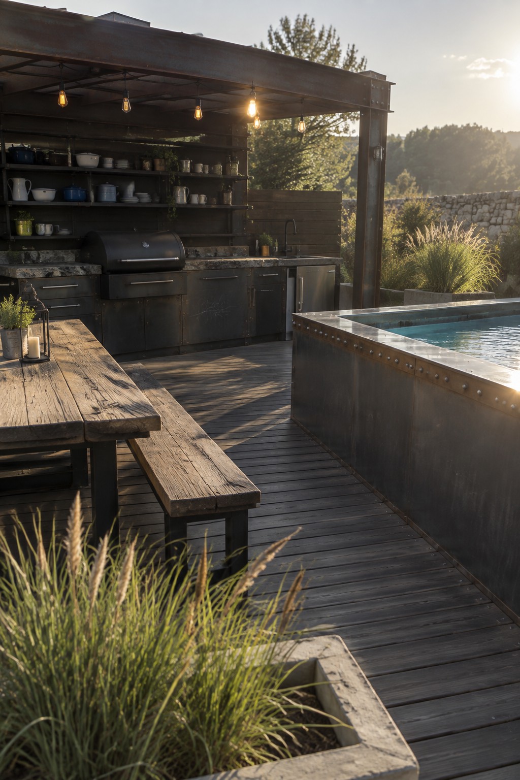A wooden deck with an outdoor kitchen featuring dark metal cabinets, open shelves, a grill, and sink, positioned next to an above-ground pool with metal sides, and a rustic wooden dining table with bench in the foreground.