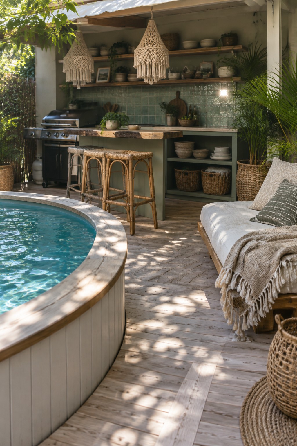 An above ground pool with light wood decking connects to an outdoor kitchen area featuring a wooden counter, woven bar stools, and open shelving.