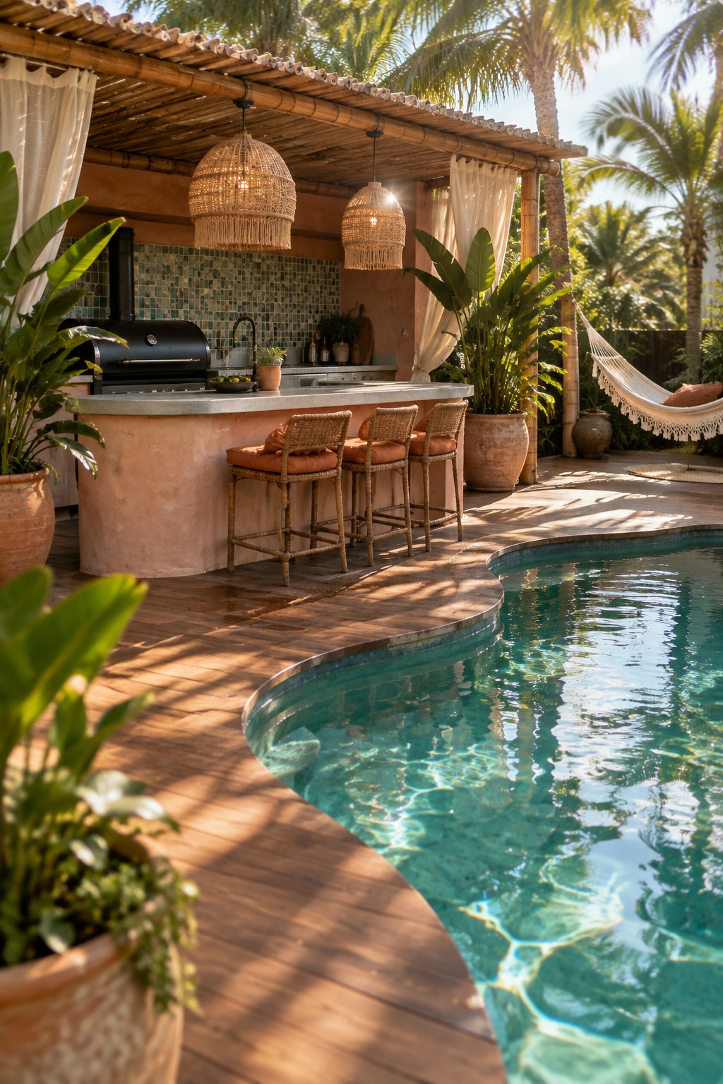 An outdoor kitchen bar with a curved concrete counter and woven stools sits directly beside a swimming pool under a bamboo pergola, with potted plants and a hammock in the background.