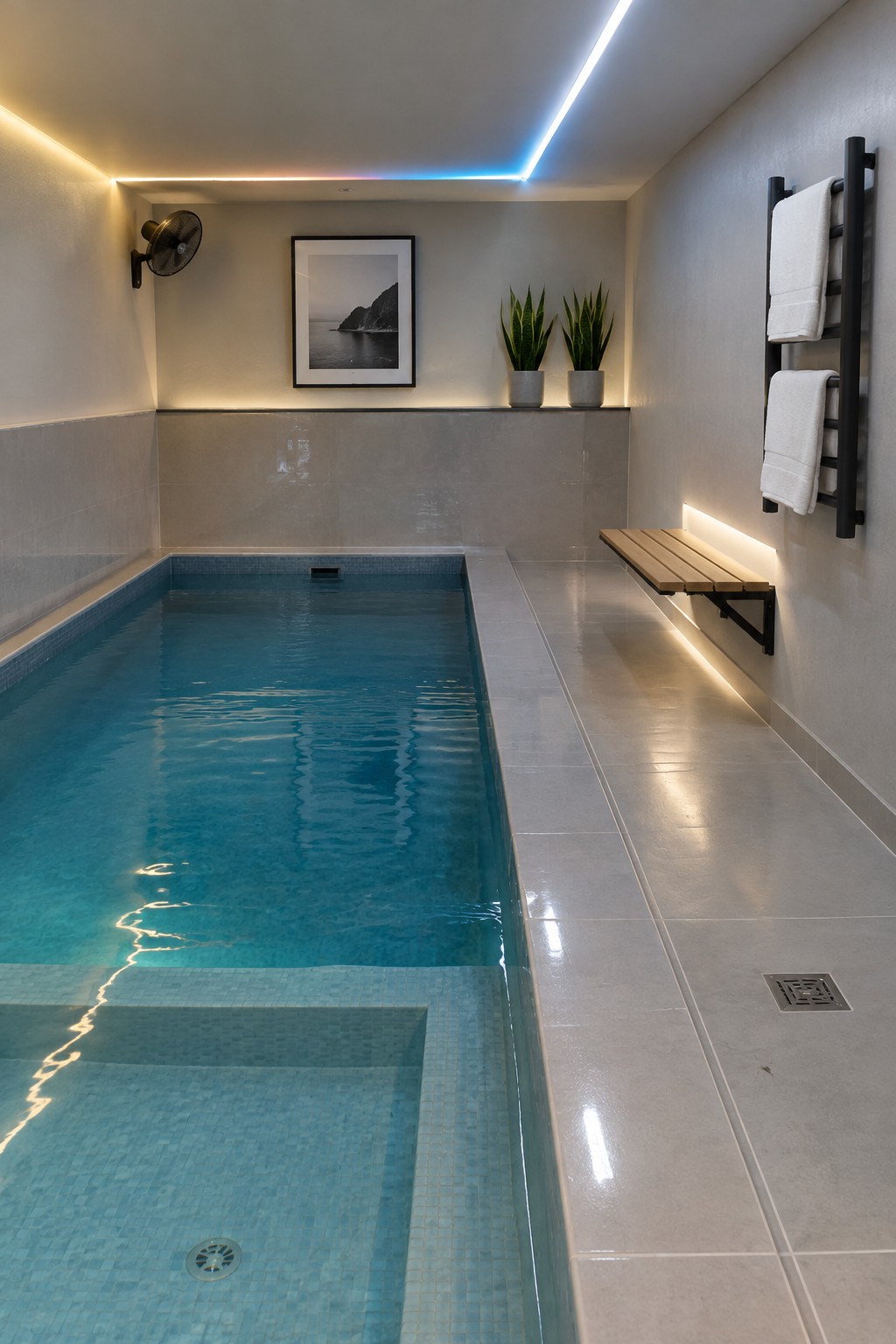 Modern indoor pool with blue water, gray tiles, wooden bench, and towel rack.