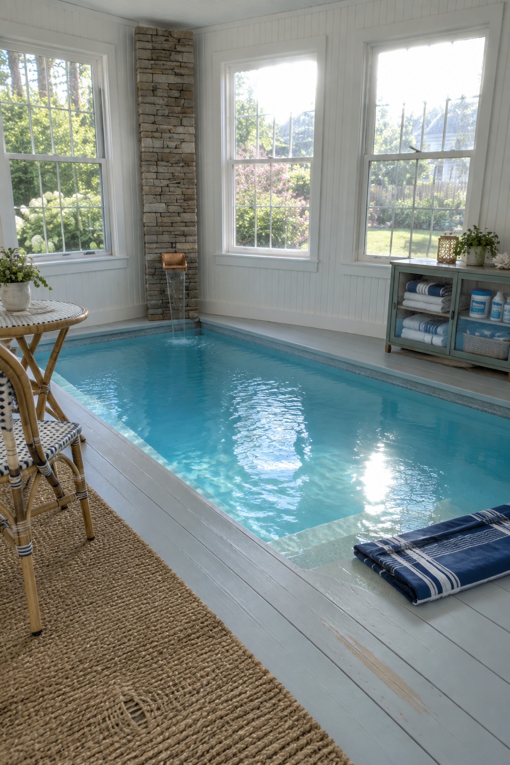An indoor pool with light blue water, a cascading water feature from a stacked stone wall, and large windows letting in bright natural light.