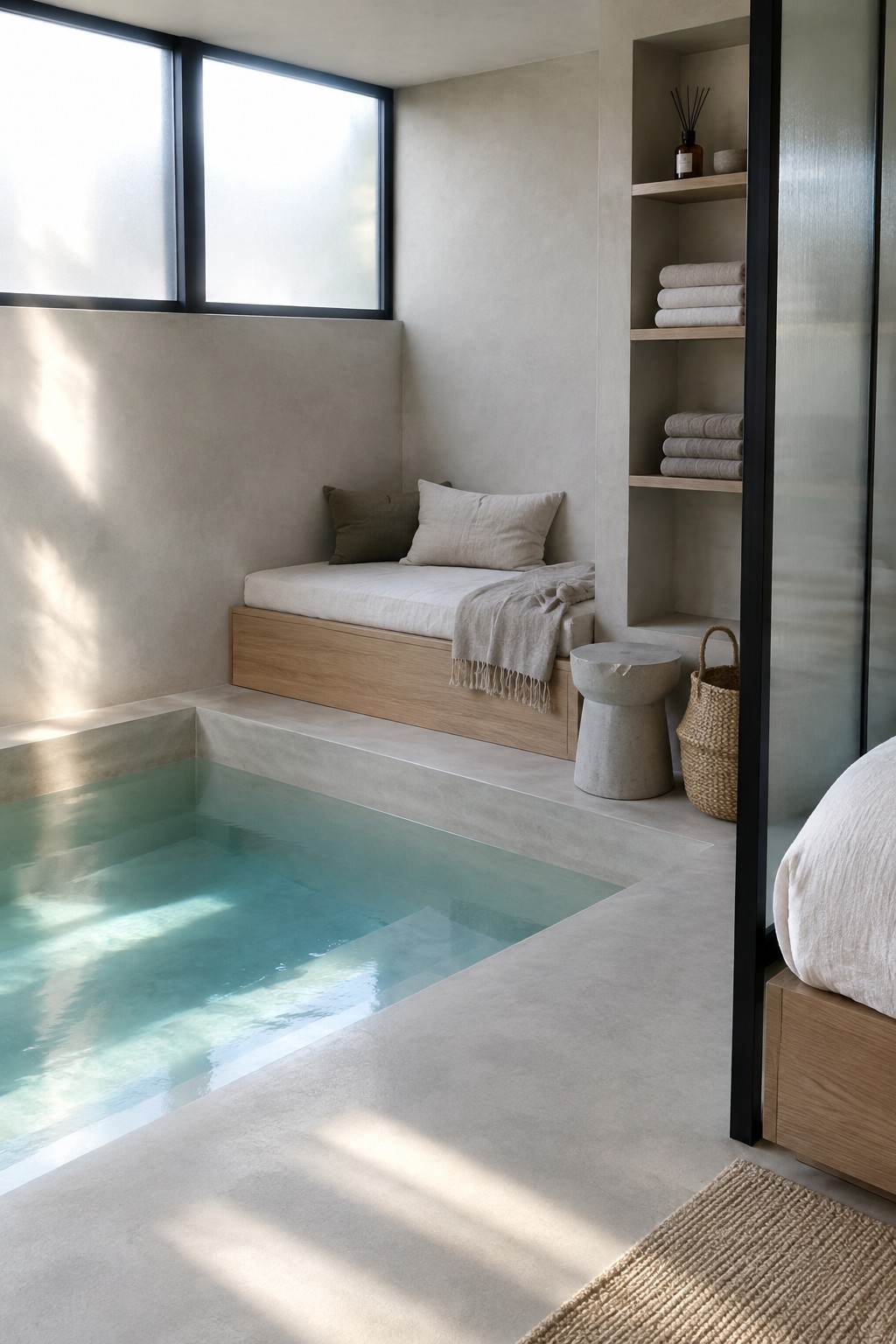 A small indoor pool with light blue water beside a wooden built-in daybed with cushions and a throw blanket in a minimalist concrete room.
