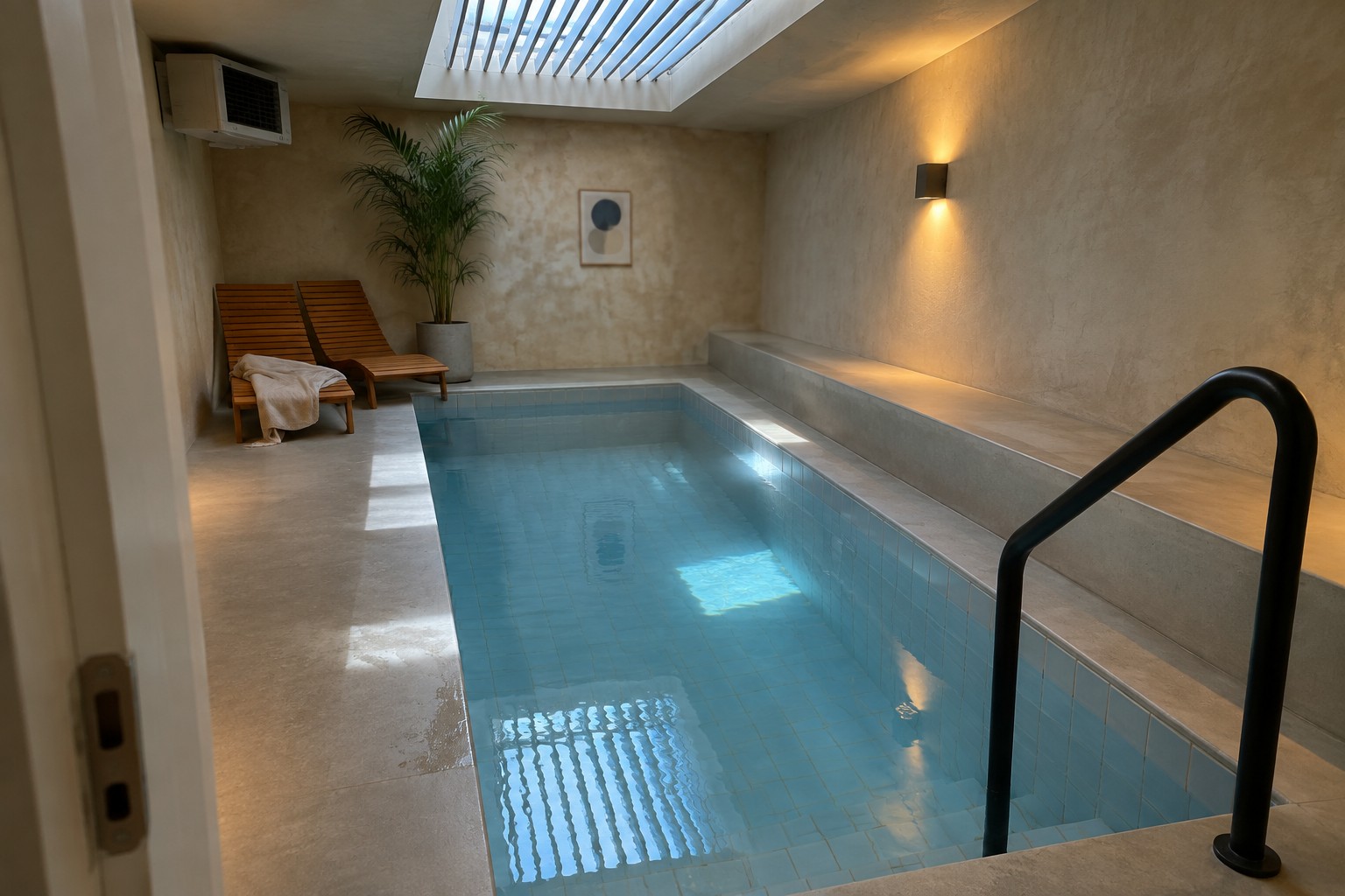 An indoor pool with blue tiles, concrete walls and bench, wooden lounge chairs, a skylight above, and a potted palm in the corner.