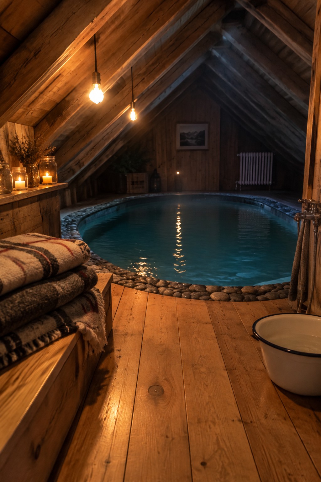 A small indoor pool with stone edging sits beneath a sloped wooden ceiling in an attic space with hanging lights and a wooden floor.