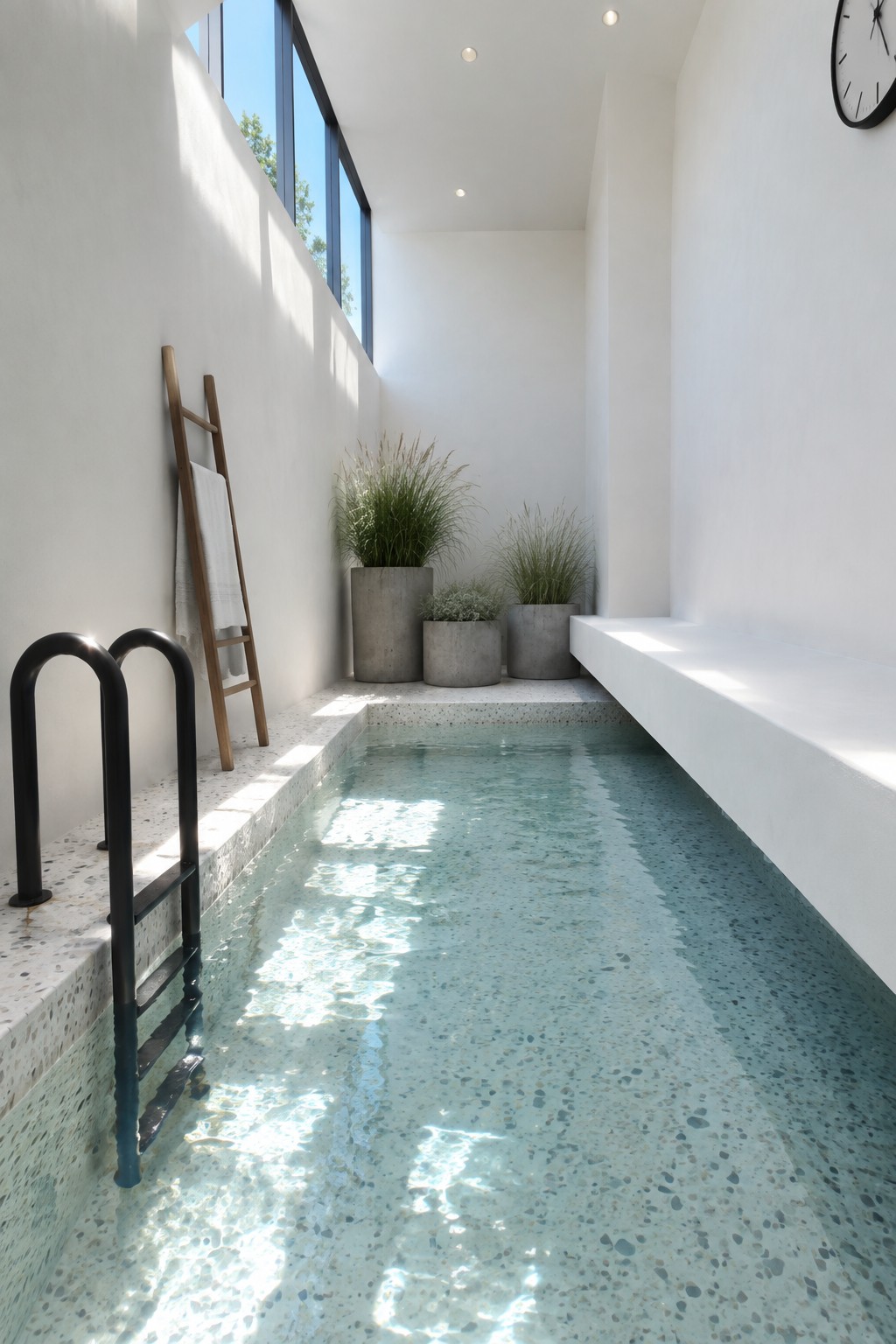 A narrow indoor pool with light blue water runs the length of a white room, featuring a black metal ladder on the left, a white bench on the right, and concrete planters with tall grass at the far end.