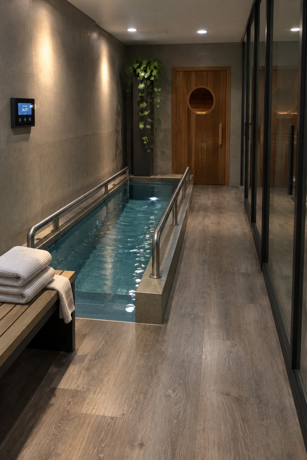 A narrow indoor lap pool with blue water, concrete walls, metal handrails, a wooden bench with towels, and a wooden door with a circular window in the background.