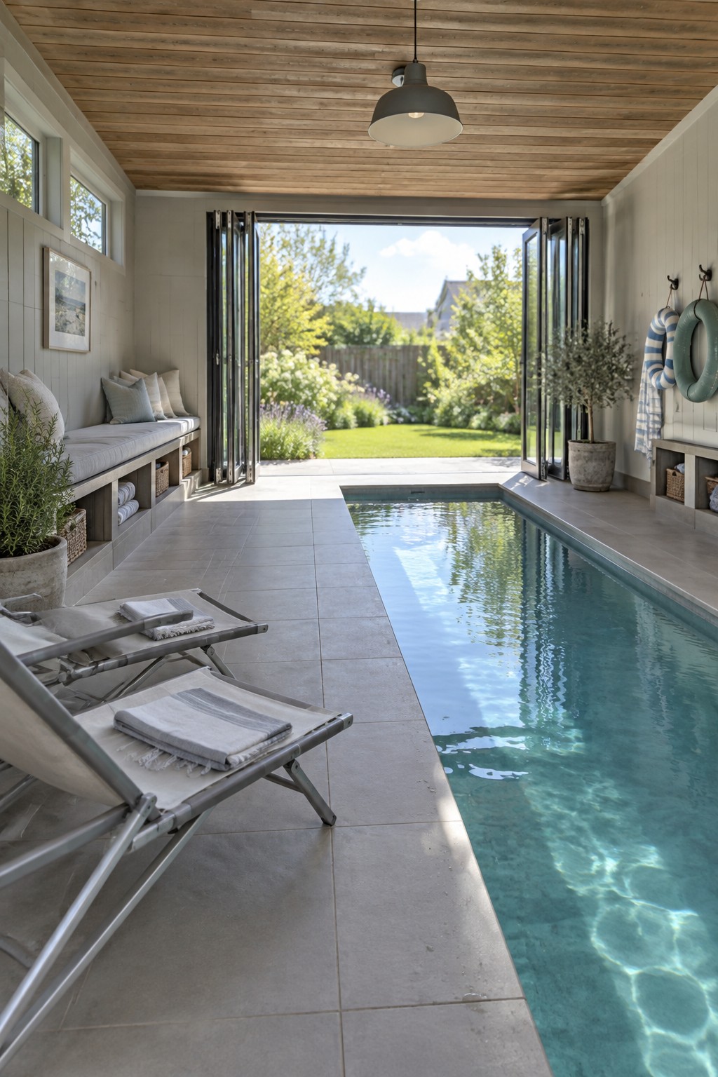An indoor pool room with a rectangular pool along the right side, large open bifold glass doors at the far end leading to a garden, built-in bench seating with cushions on the left wall, and two lounge chairs on the tiled floor in the foreground.