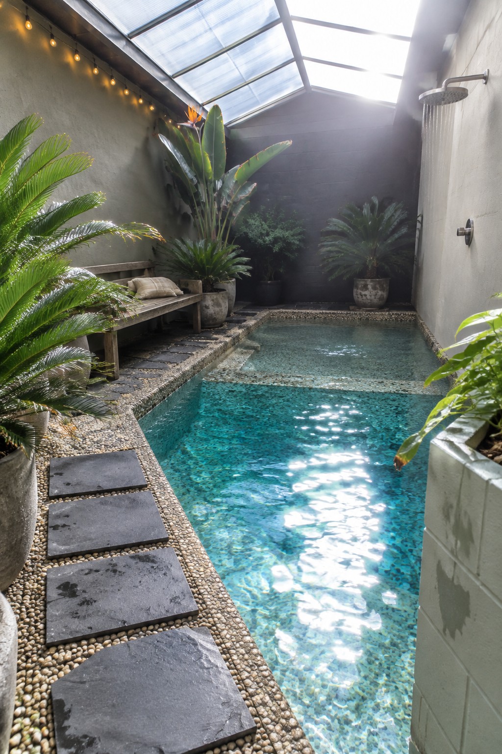 Narrow indoor pool with pebble edging, dark stone paver path on the left, potted plants, wooden bench, and skylight roof overhead.