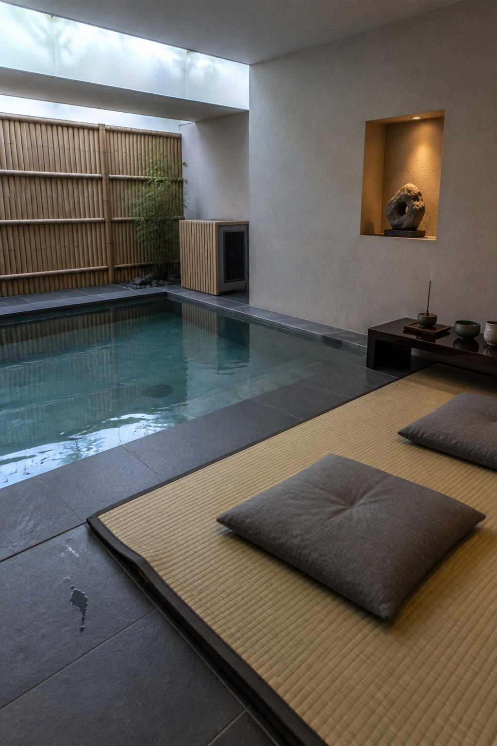 An indoor pool area with a tatami mat section holding two gray cushions and a low wooden table on the right.