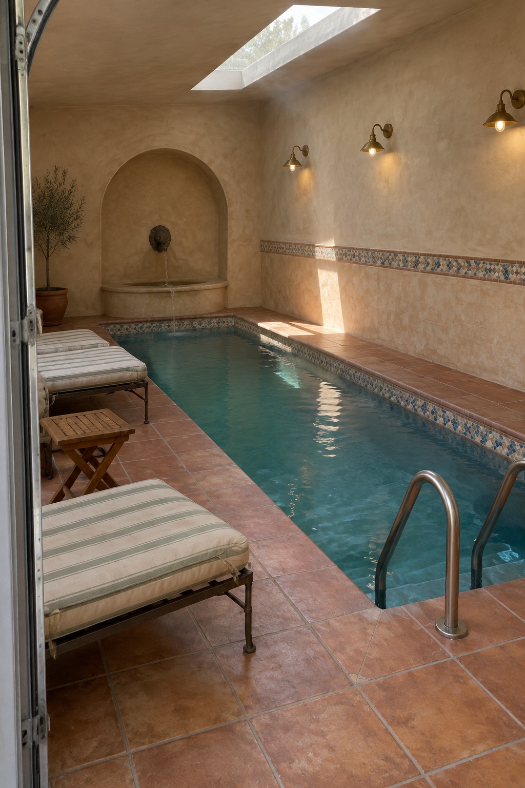 An indoor pool room with a large skylight overhead, terracotta tile decking, a small fountain niche, and striped lounge chairs along the side.