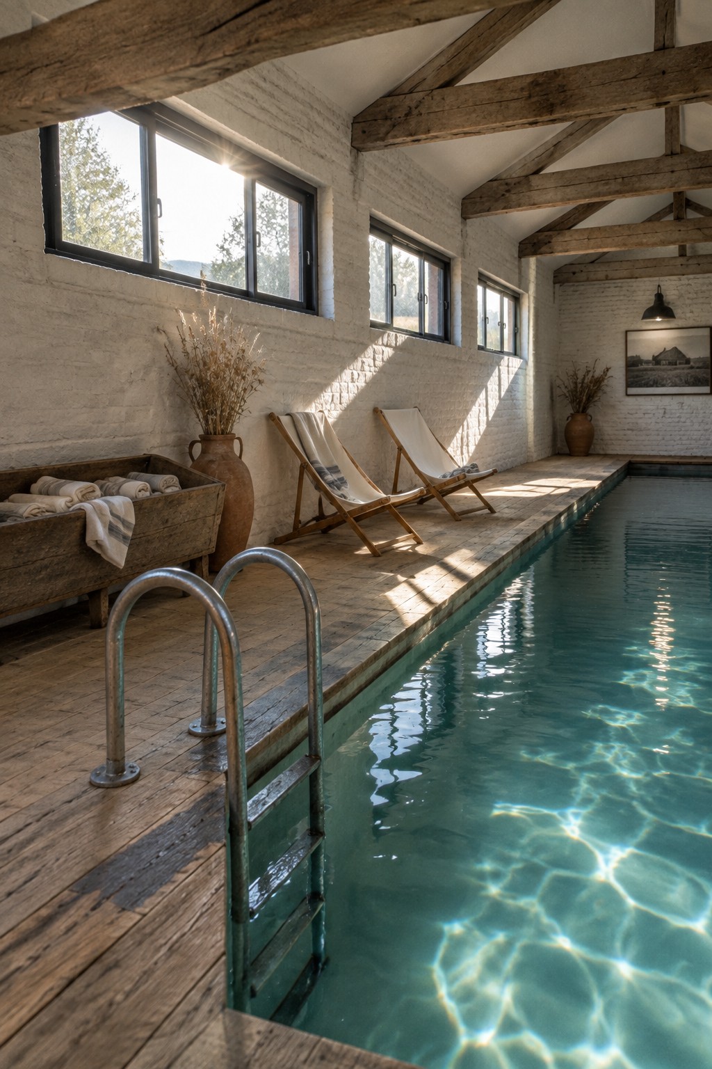 An indoor pool with wooden decking, a metal ladder, two lounge chairs, and white brick walls with exposed wood beams.