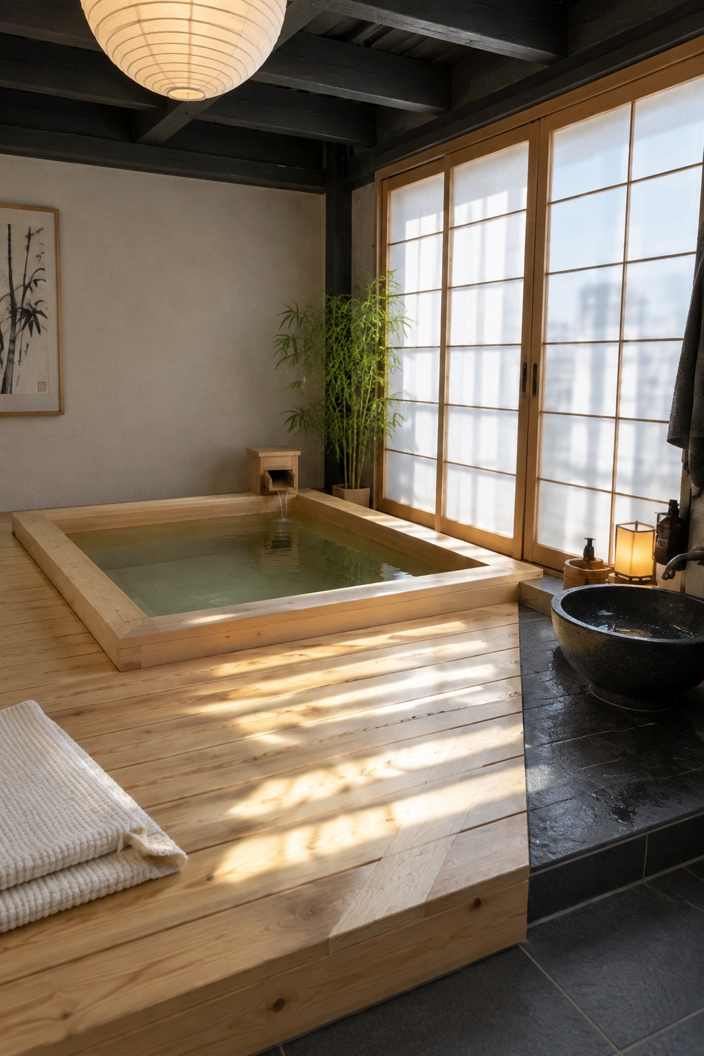A rectangular wooden soaking pool built into a light wood platform floor inside a room with shoji screens, a potted bamboo plant, and a dark stone basin on the side.