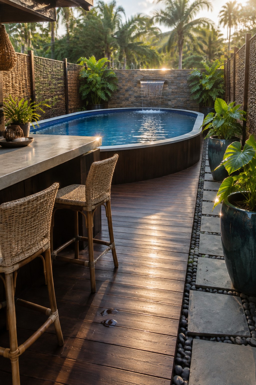 An above-ground pool with a wooden deck, a concrete bar counter with two woven bar stools, a stone path with potted plants, and a small waterfall feature on the far wall.