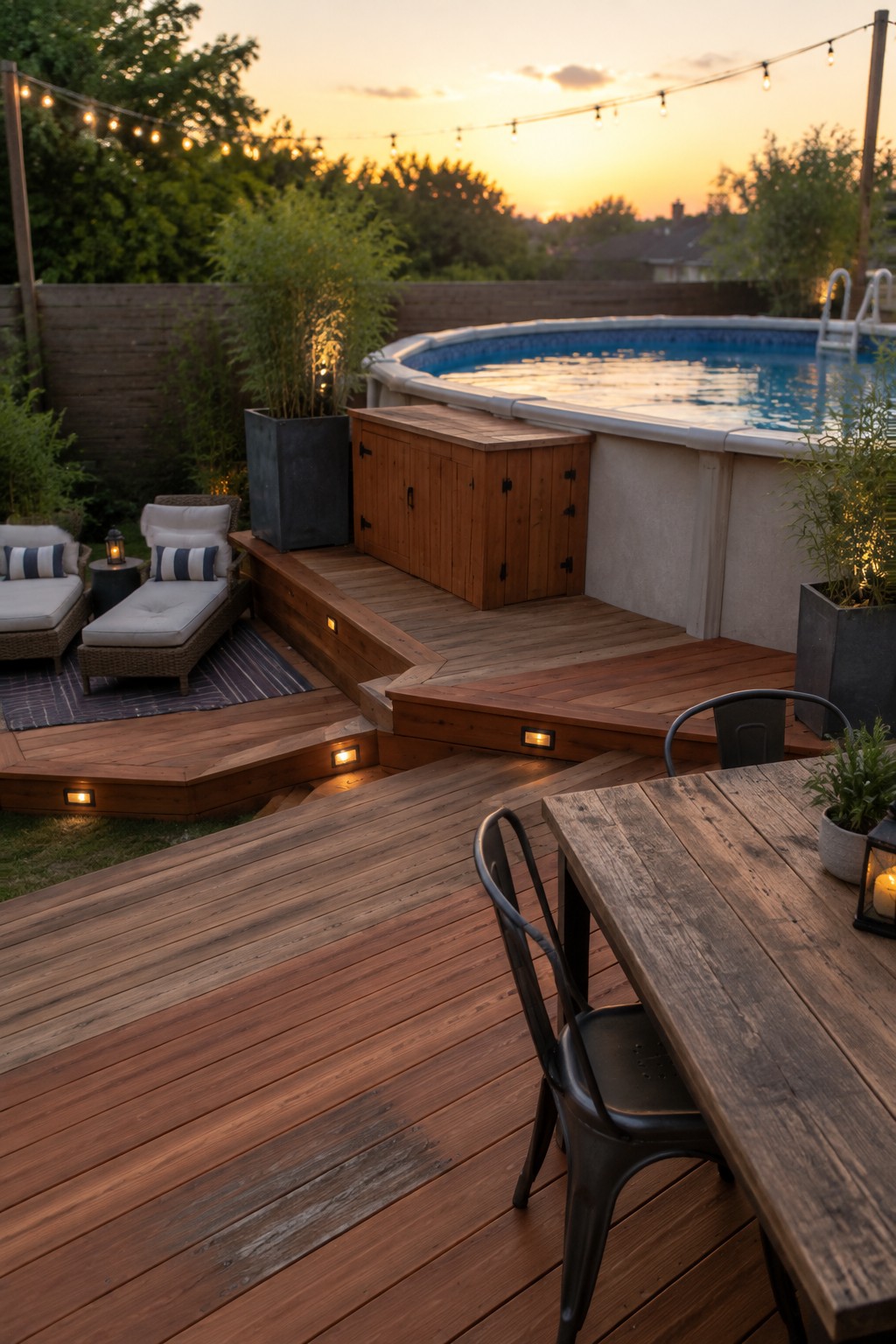A wooden deck with built-in storage cabinets wraps around an above-ground pool, with outdoor seating and string lights visible at dusk.