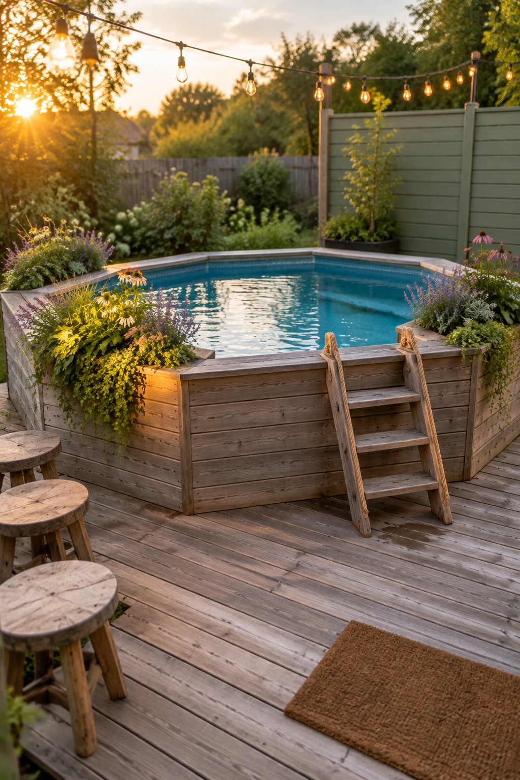 An above-ground pool enclosed by a wooden deck with built-in planters, a ladder, string lights, and three wooden stools on the deck.