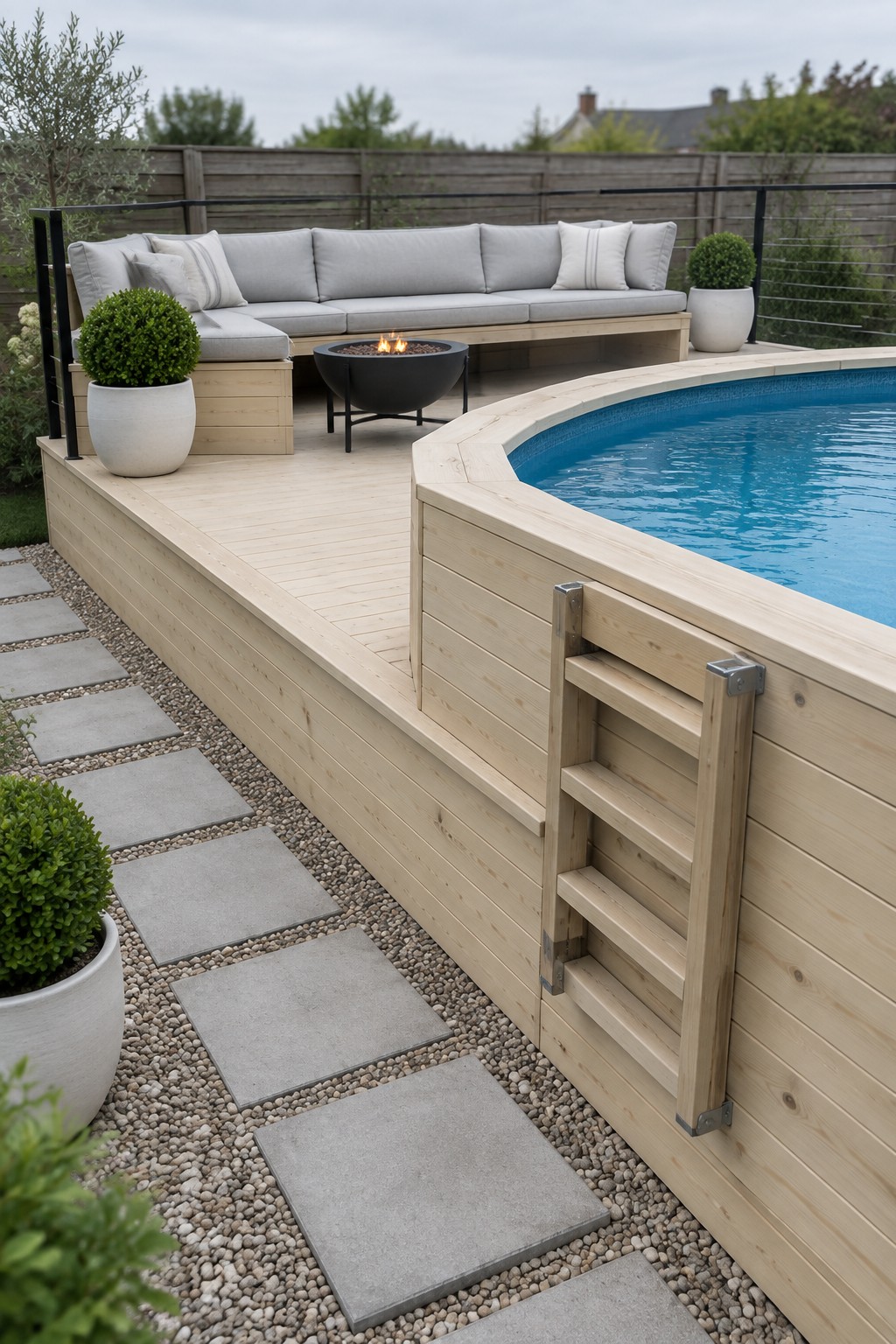Modern wooden deck with curved pool, gray sectional sofa, fire pit and potted plants