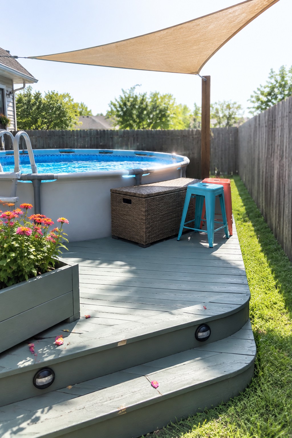 Above-ground pool on gray deck under beige shade sail with stools and flowers