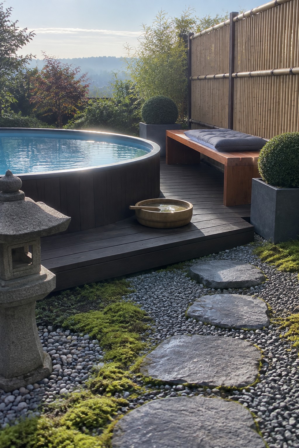 A round above-ground pool on a dark wooden deck with an attached bench, bamboo privacy screen, gravel path with stepping stones, and a stone lantern in the foreground.