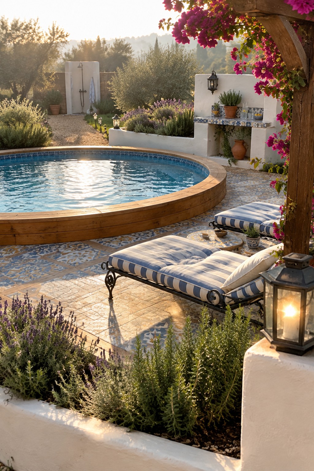 A round above ground pool with a wooden surround on a patterned tile patio, with two blue and white striped lounge chairs nearby.