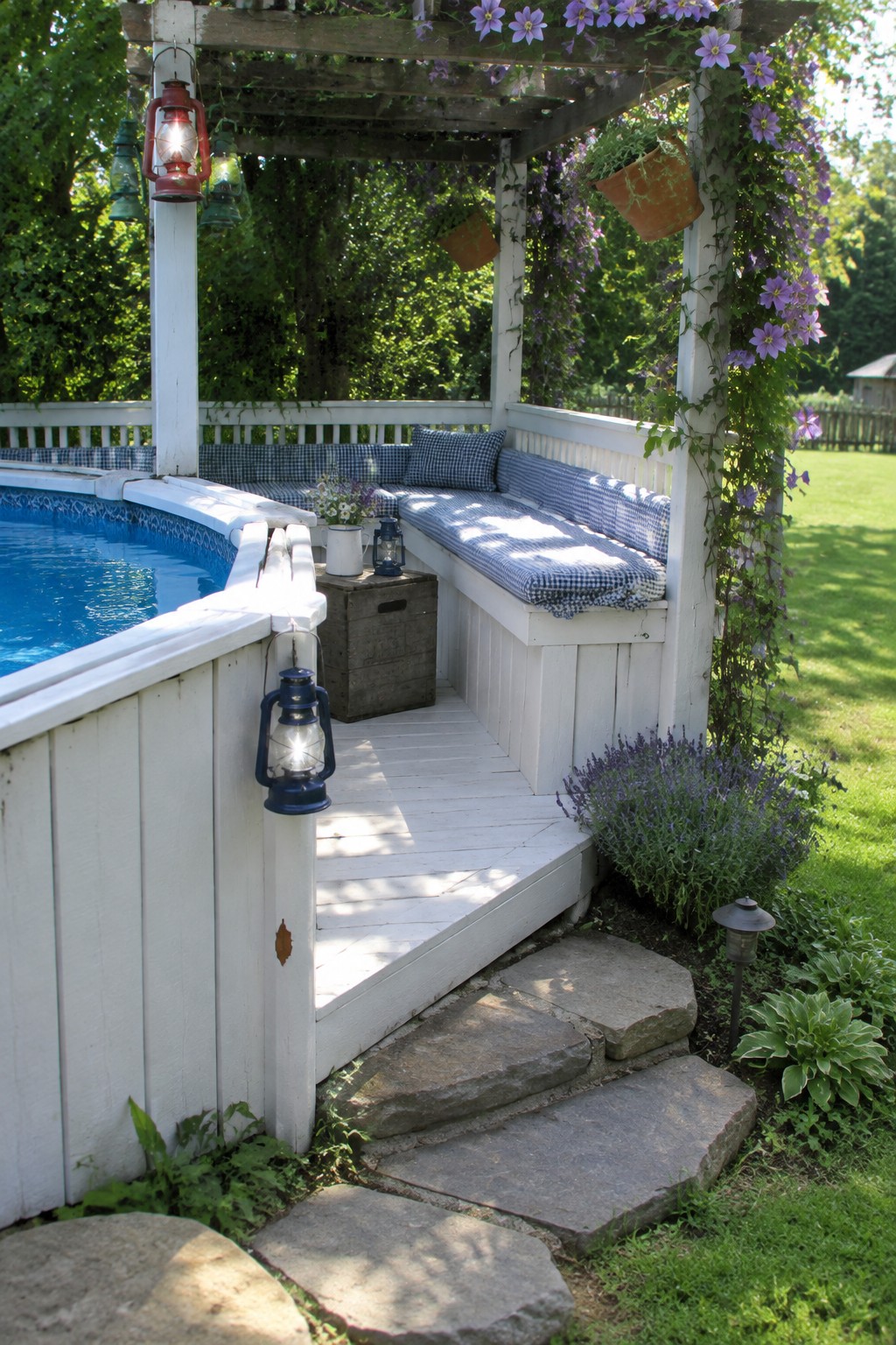 A white wooden deck wraps around an above-ground pool with built-in blue gingham cushioned bench seating, hanging lanterns, and a vine-covered pergola overhead.