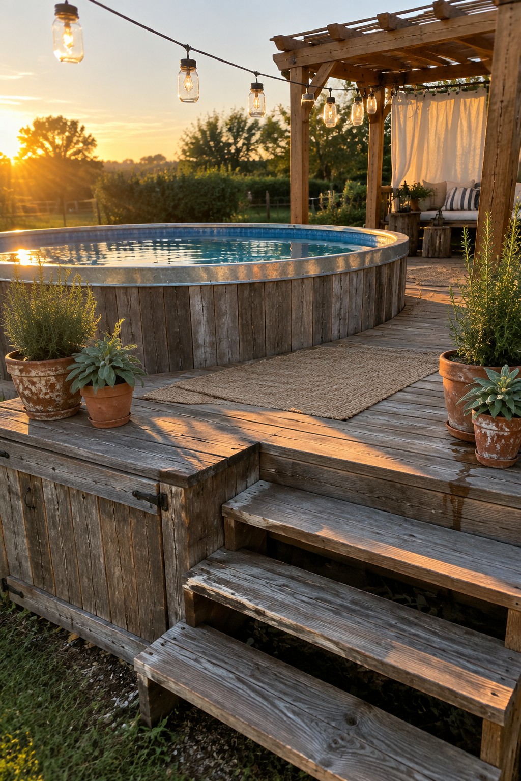 Rustic wooden deck with stock tank pool, string lights, and potted plants at sunset