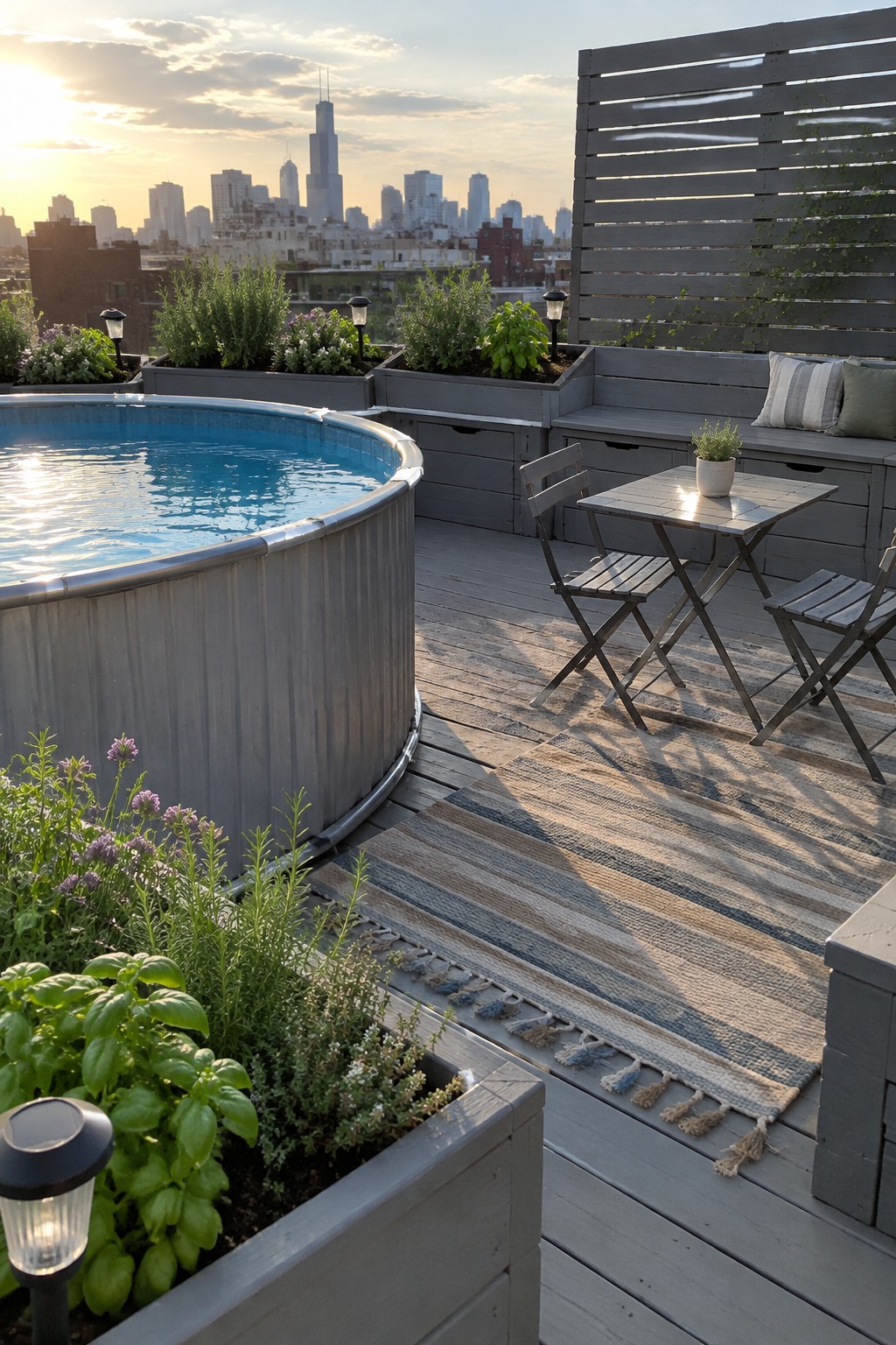 An above-ground stock tank pool on a gray wooden deck surrounded by built-in planters with greenery, a small folding table and chairs, and a striped outdoor rug.