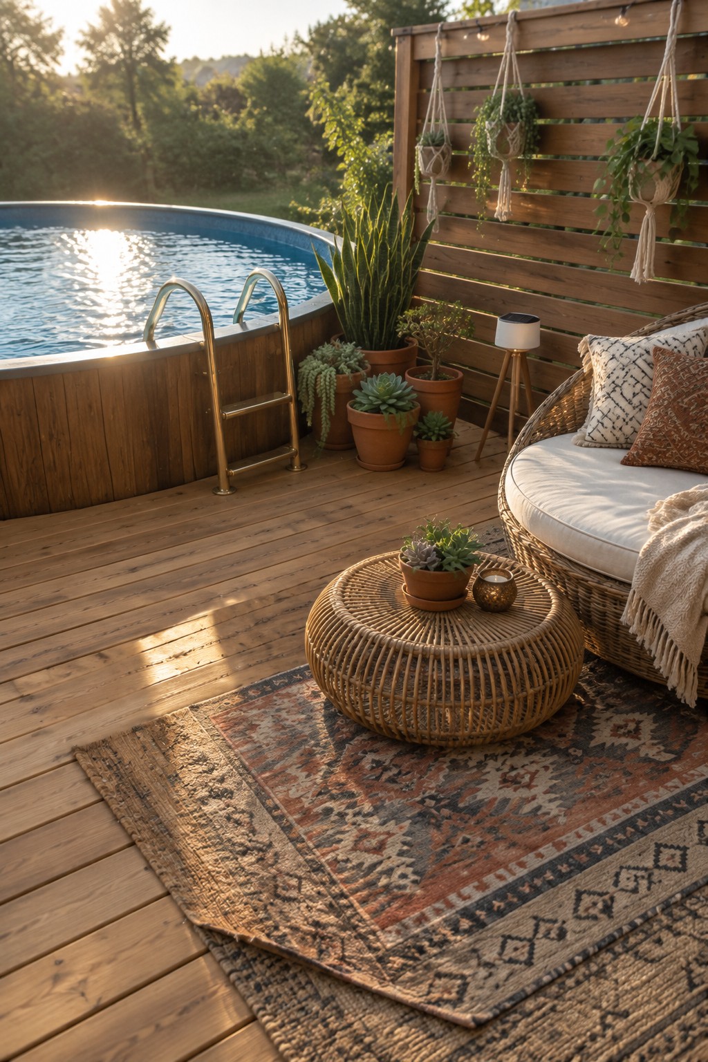 A wooden deck next to an above-ground pool with a wicker chair on a patterned rug, potted plants, and a slatted wooden screen with hanging planters.